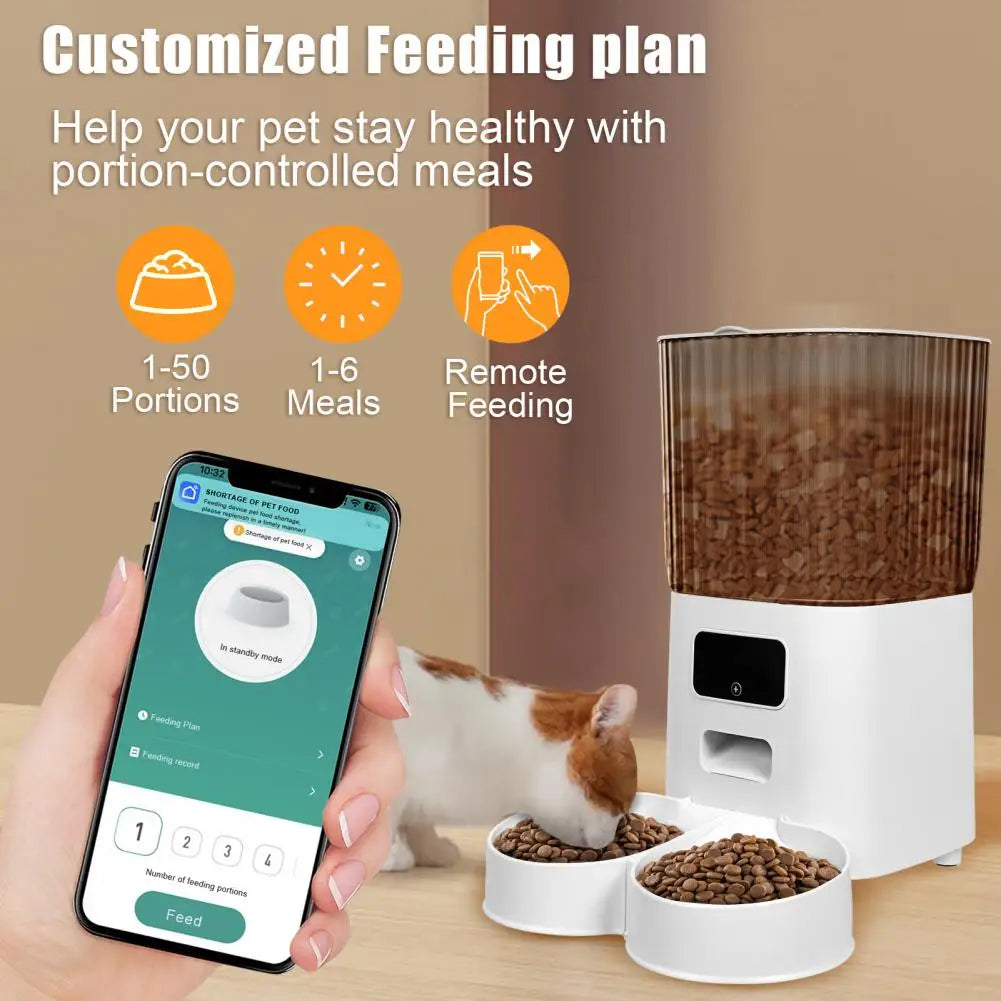 Smart Pet Feeder with Dual Bowls, Wifi APP Remote Control 5L Transparent Storage Bucket Automatic Cat Food Dispenser, Timed Quan